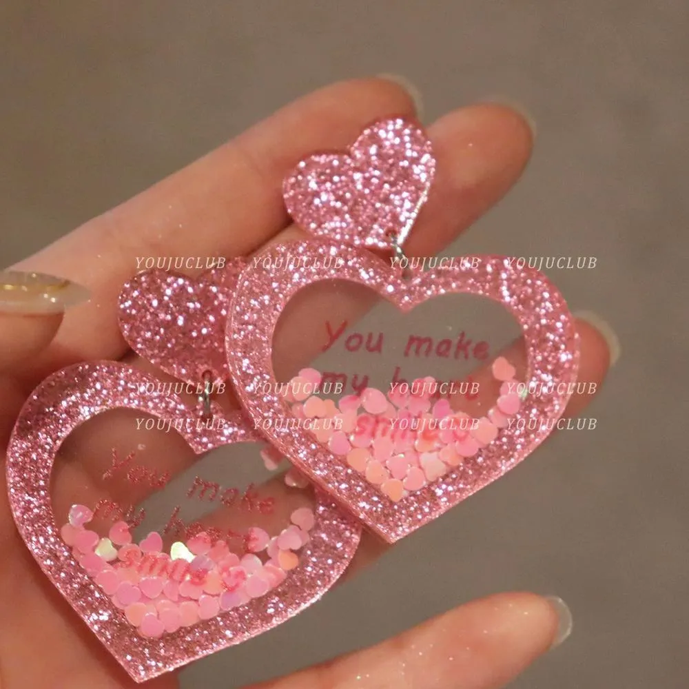Wholesale Valentine's Day love earrings acrylic three-dimensional sequins quicksand peach heart earrings sweet personality fashion retro