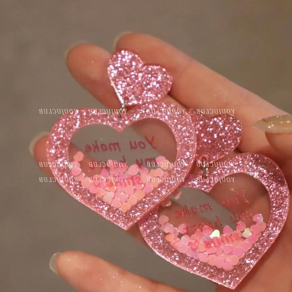 Wholesale Valentine's Day love earrings acrylic three-dimensional sequins quicksand peach heart earrings sweet personality fashion retro