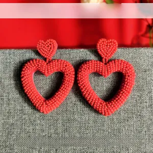 Wholesale Valentine's Day Love Handmade Romantic Heart Shaped High Quality Rice Bead Red Earrings
