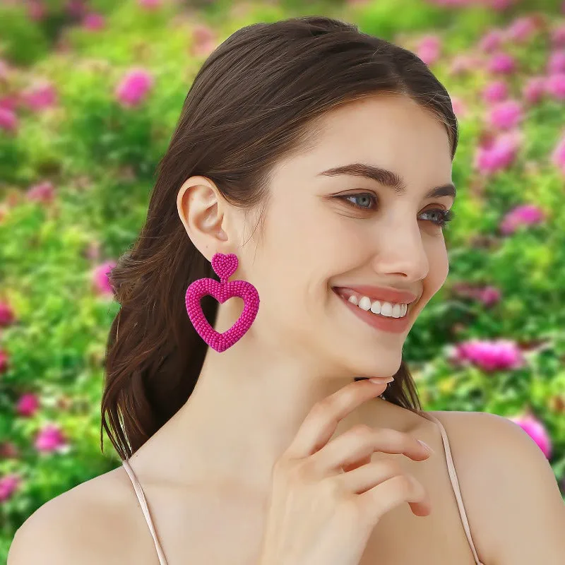 Wholesale Valentine's Day Love Handmade Romantic Heart Shaped High Quality Rice Bead Red Earrings