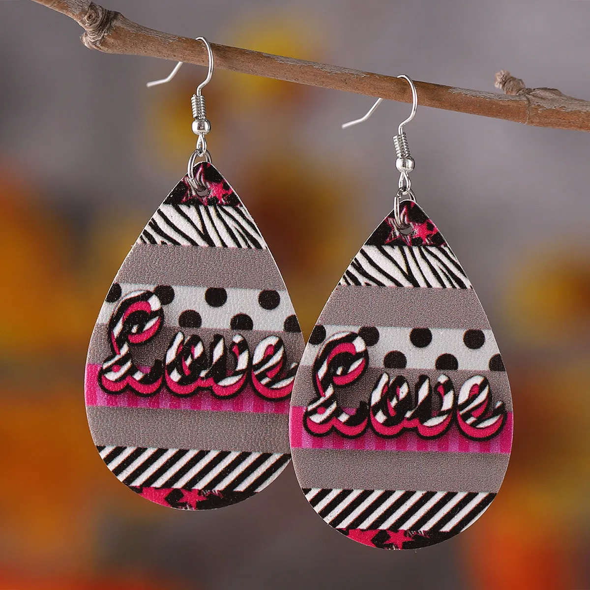 Wholesale Valentine's Day Love Leopard Heart Water Drop Pendant PU Double-sided Valentine's Day Earrings