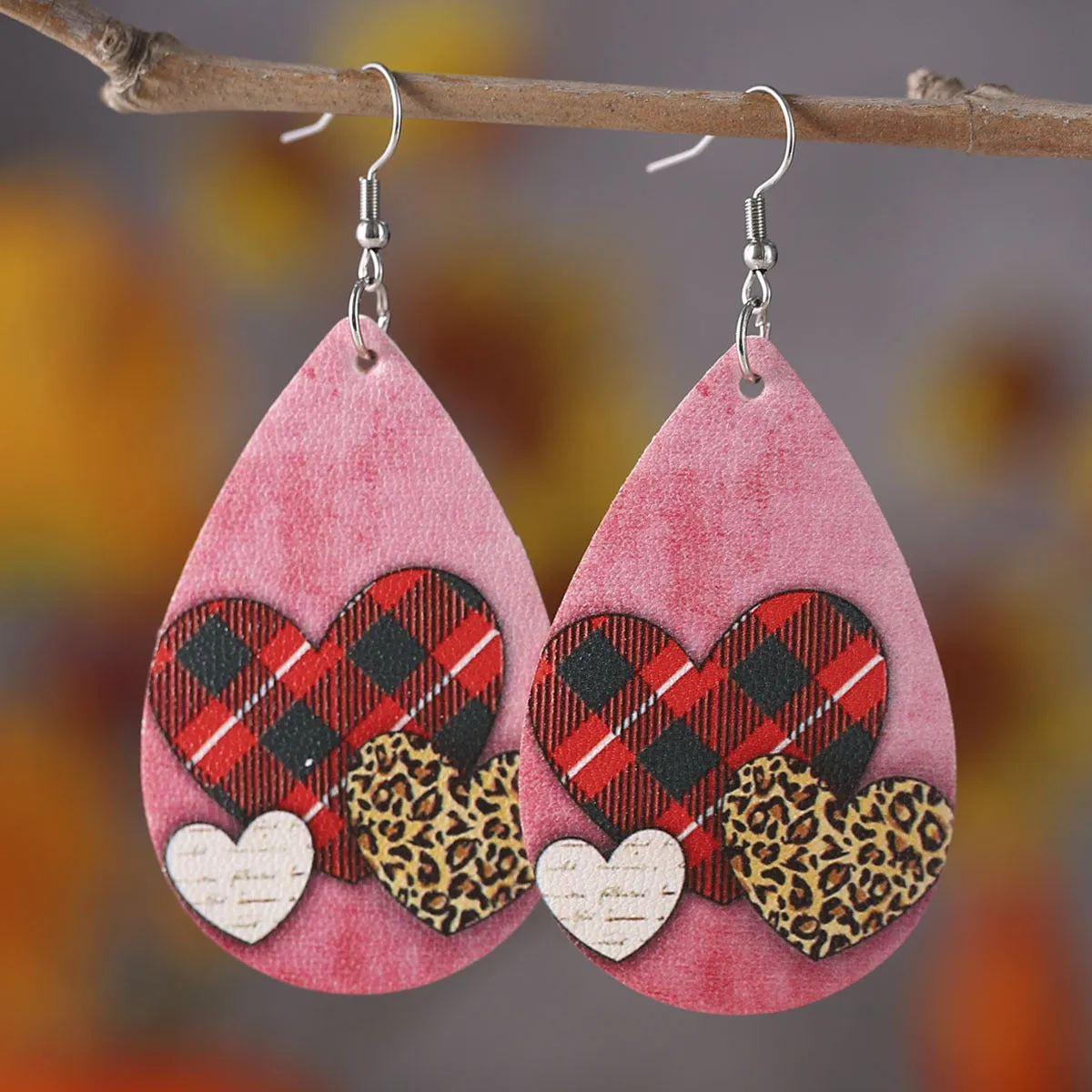 Wholesale Valentine's Day Love Leopard Heart Water Drop Pendant PU Double-sided Valentine's Day Earrings