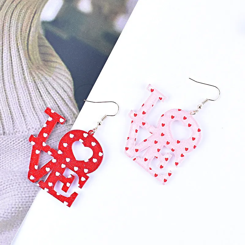 Wholesale Valentine's Day Love Red Pink Glitter Love English Letter Party Gift Earrings