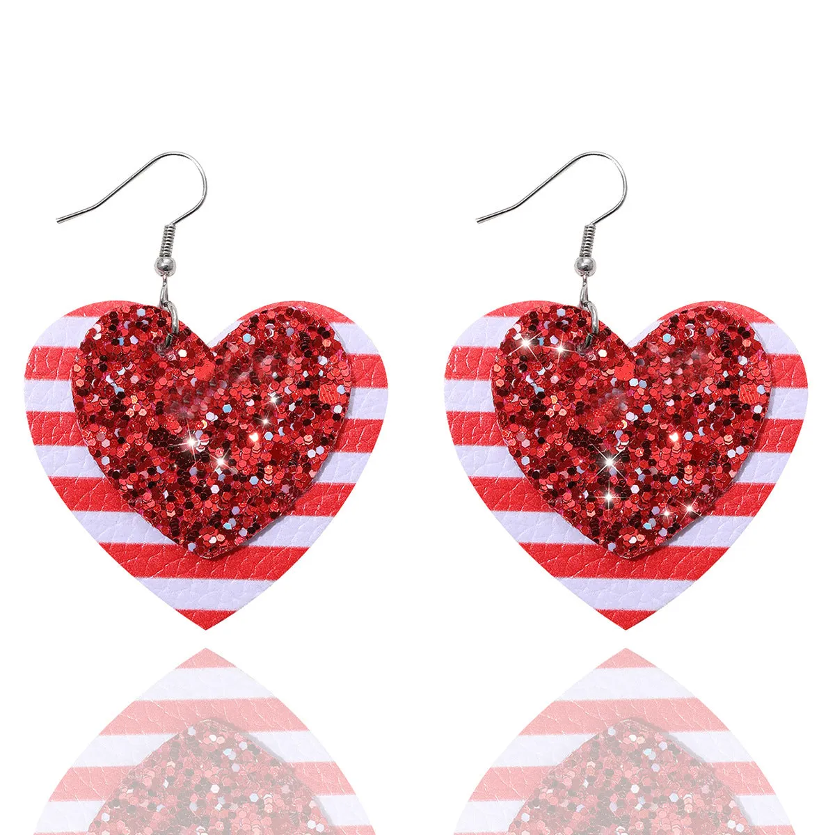 Wholesale Valentine's Day Love Shape Red and White Striped Sequins Glitt Leather Earrings