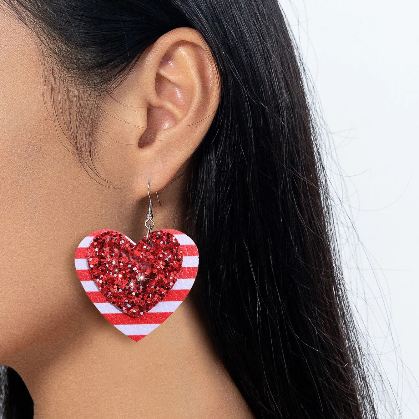 Wholesale Valentine's Day Love Shape Red and White Striped Sequins Glitt Leather Earrings