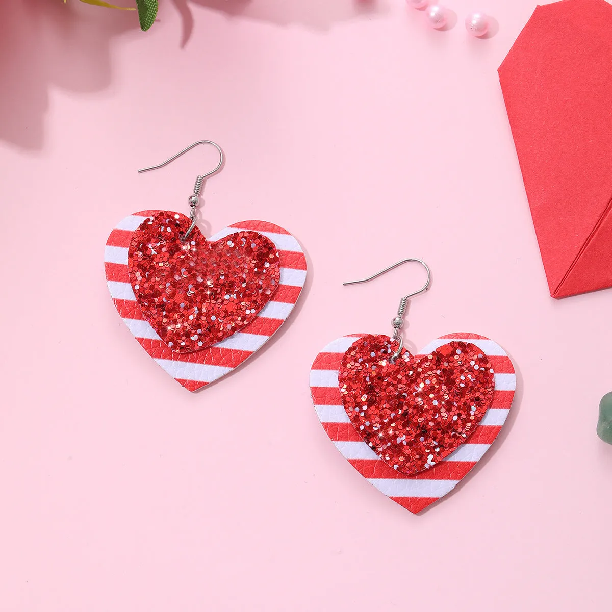 Wholesale Valentine's Day Love Shape Red and White Striped Sequins Glitt Leather Earrings