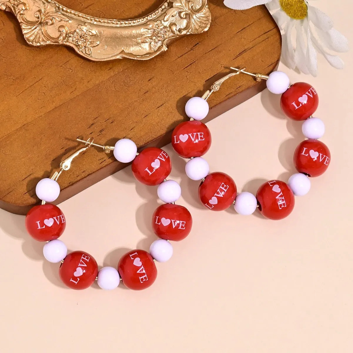 Wholesale Valentine's Day Romantic Love Love Print Wooden Bead Earrings Sweet Personality Beaded Hollow Ear Ring Ear
