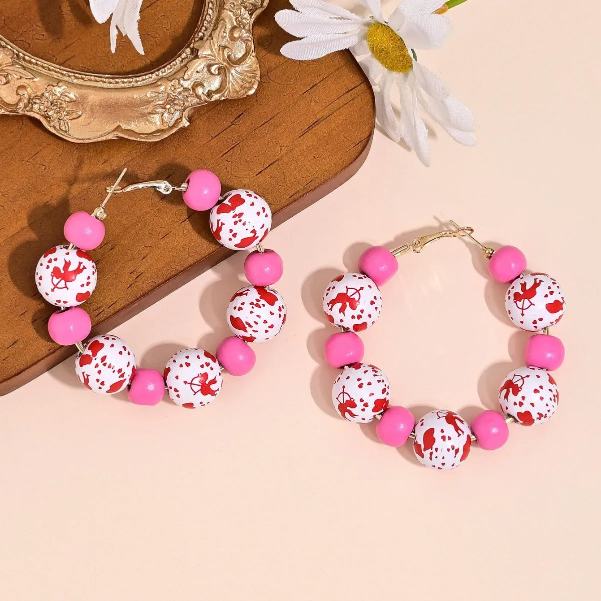Wholesale Valentine's Day Romantic Love Love Print Wooden Bead Earrings Sweet Personality Beaded Hollow Ear Ring Ear