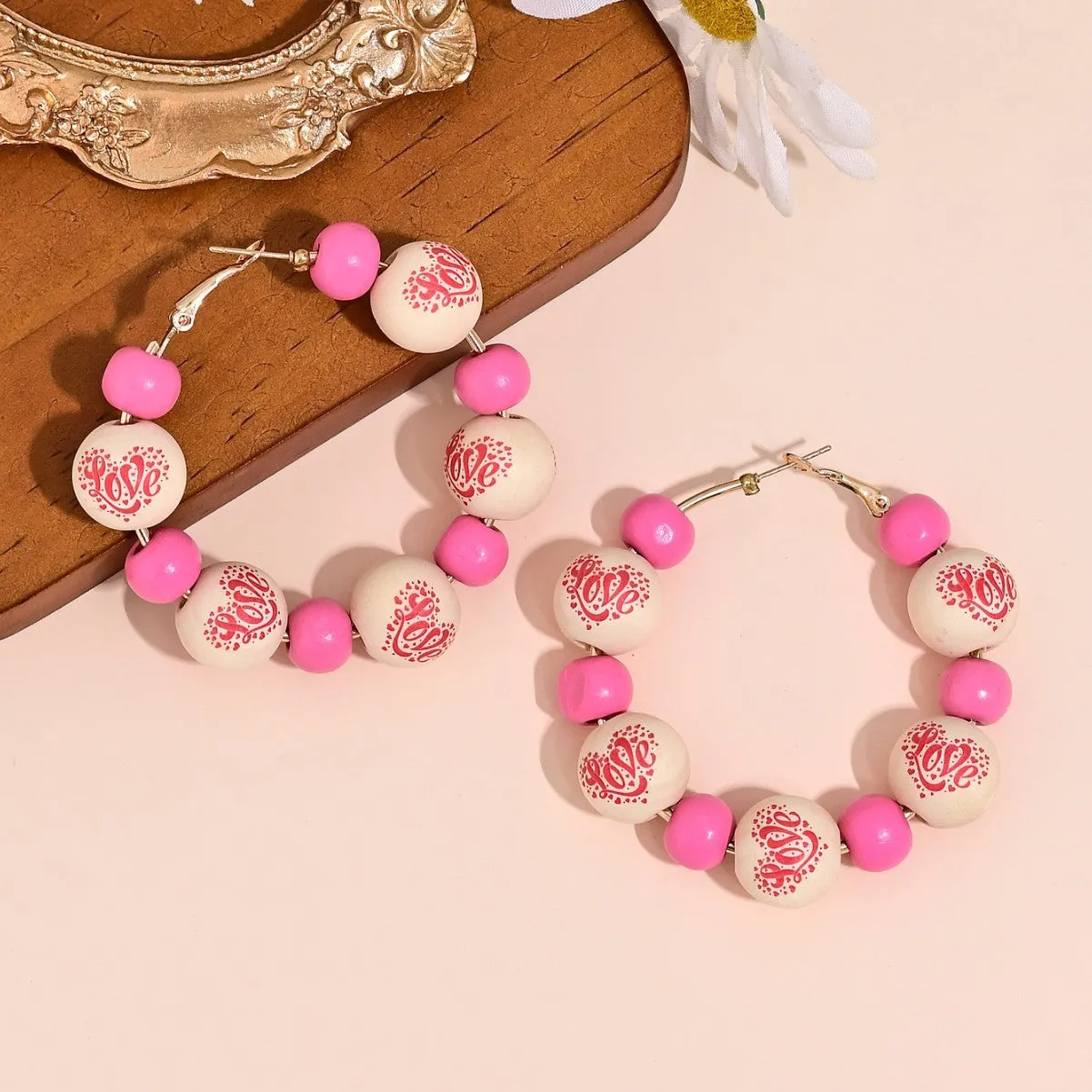 Wholesale Valentine's Day Romantic Love Love Print Wooden Bead Earrings Sweet Personality Beaded Hollow Ear Ring Ear