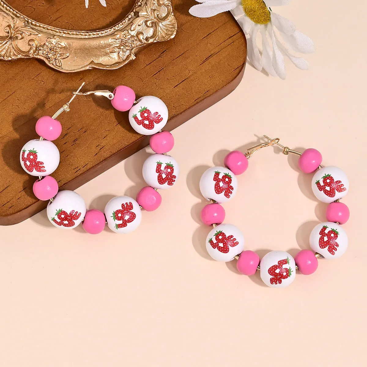 Wholesale Valentine's Day Romantic Love Love Print Wooden Bead Earrings Sweet Personality Beaded Hollow Ear Ring Ear