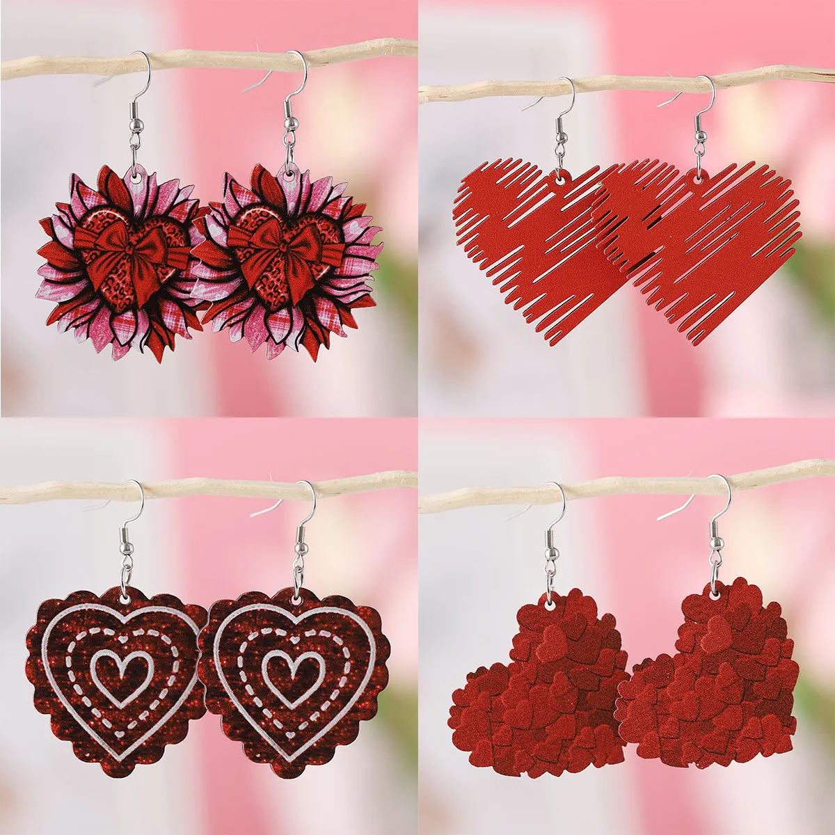 Wholesale Valentine's Day Sunflower Bow Red Love Pendant Wooden Double-sided Valentine's Day Earrings