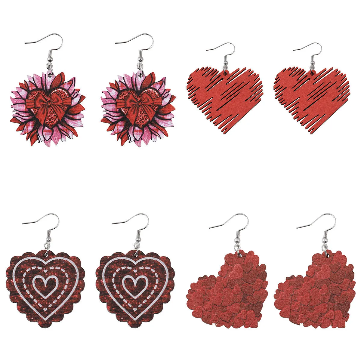 Wholesale Valentine's Day Sunflower Bow Red Love Pendant Wooden Double-sided Valentine's Day Earrings
