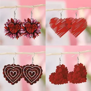 Wholesale Valentine's Day Sunflower Bow Red Love Pendant Wooden Double-sided Valentine's Day Earrings