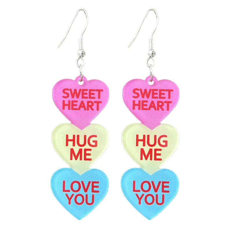 Wholesale Valentine's Day Word Candy Multicolor Heart Acrylic Denim Love Earrings