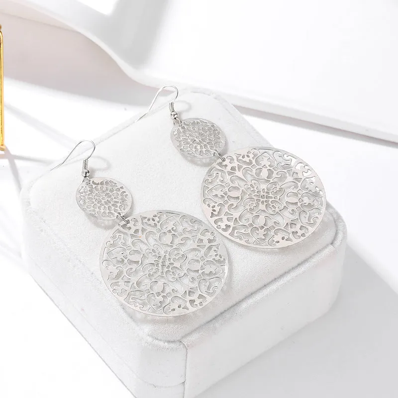 Wholesale Vintage Hollow Disc Frosted Palace Ethnic Style Carved Earrings