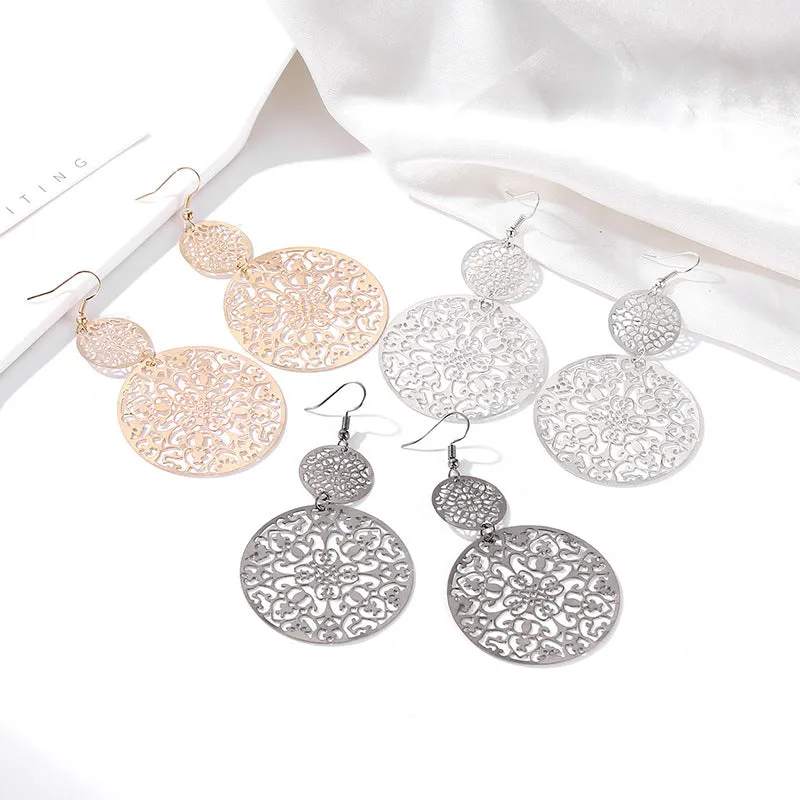 Wholesale Vintage Hollow Disc Frosted Palace Ethnic Style Carved Earrings