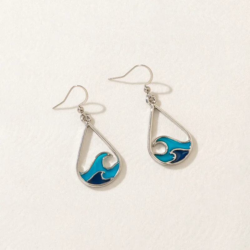 Wholesale Wave Design Stainless Steel Blue Sweater Chain Earring Set