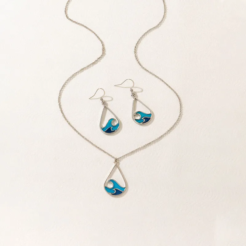 Wholesale Wave Design Stainless Steel Blue Sweater Chain Earring Set
