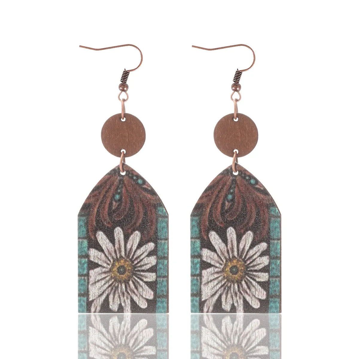 Wholesale Western Style Wooden Bull Head Flower Pattern Earrings