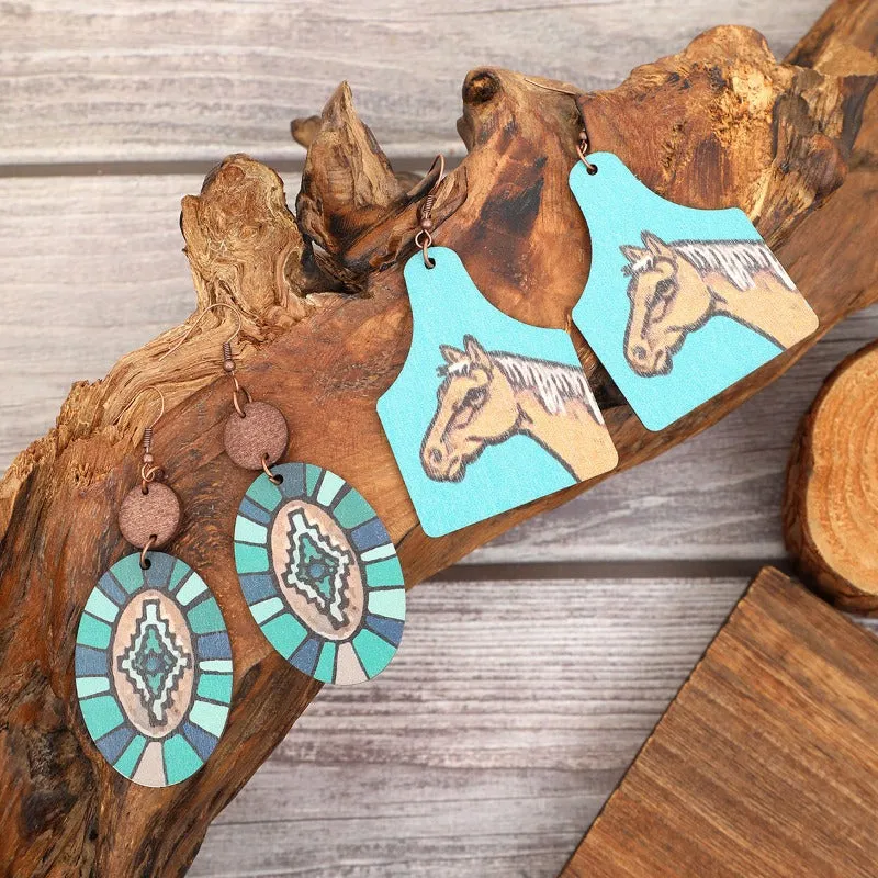 Wholesale Western Wind Sunflower Cactus Horsehead Wooden Earrings