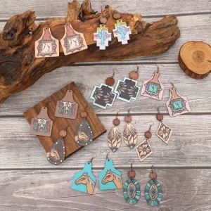 Wholesale Western Wind Sunflower Cactus Horsehead Wooden Earrings