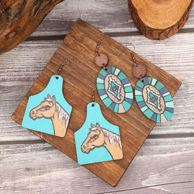 Wholesale Western Wind Sunflower Cactus Horsehead Wooden Earrings