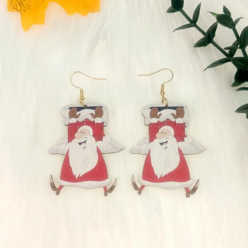 Wholesale Wood Cutting Color Printing Creative Christmas Elk Earrings