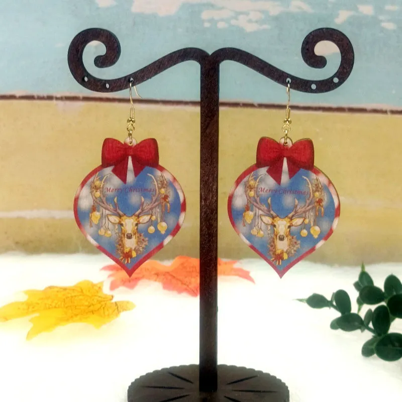 Wholesale Wood Cutting Color Printing Creative Christmas Elk Earrings