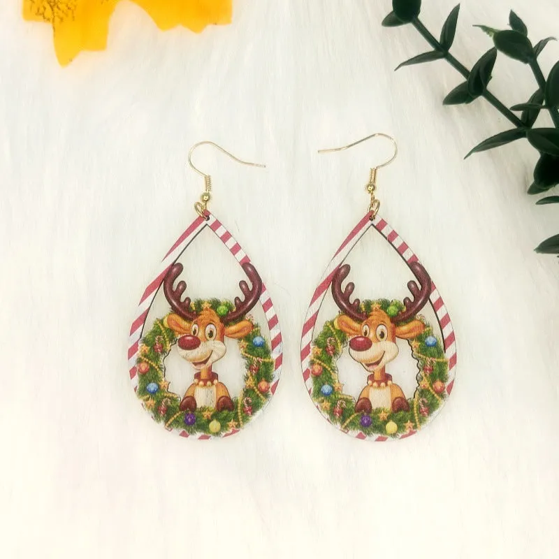 Wholesale Wood Cutting Color Printing Creative Christmas Elk Earrings
