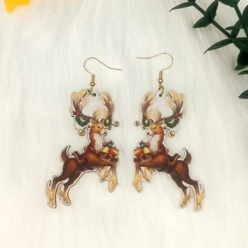 Wholesale Wood Cutting Color Printing Creative Christmas Elk Earrings