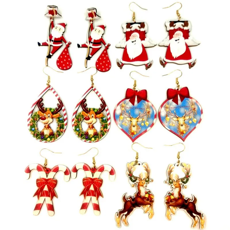 Wholesale Wood Cutting Color Printing Creative Christmas Elk Earrings