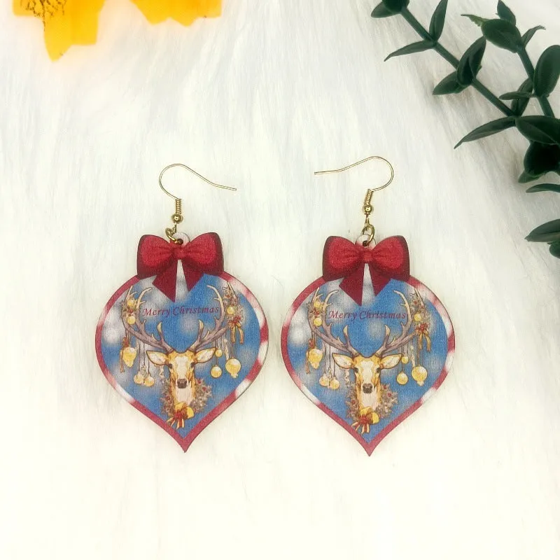 Wholesale Wood Cutting Color Printing Creative Christmas Elk Earrings