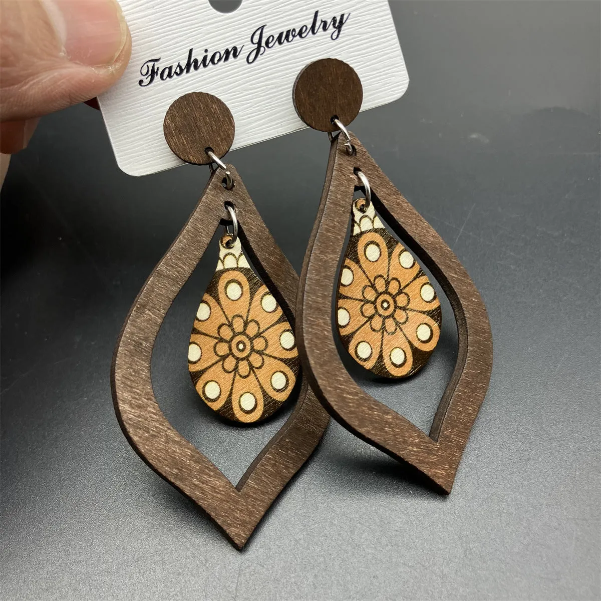 Wholesale Wooden Water Drop Vintage Wooden Earrings