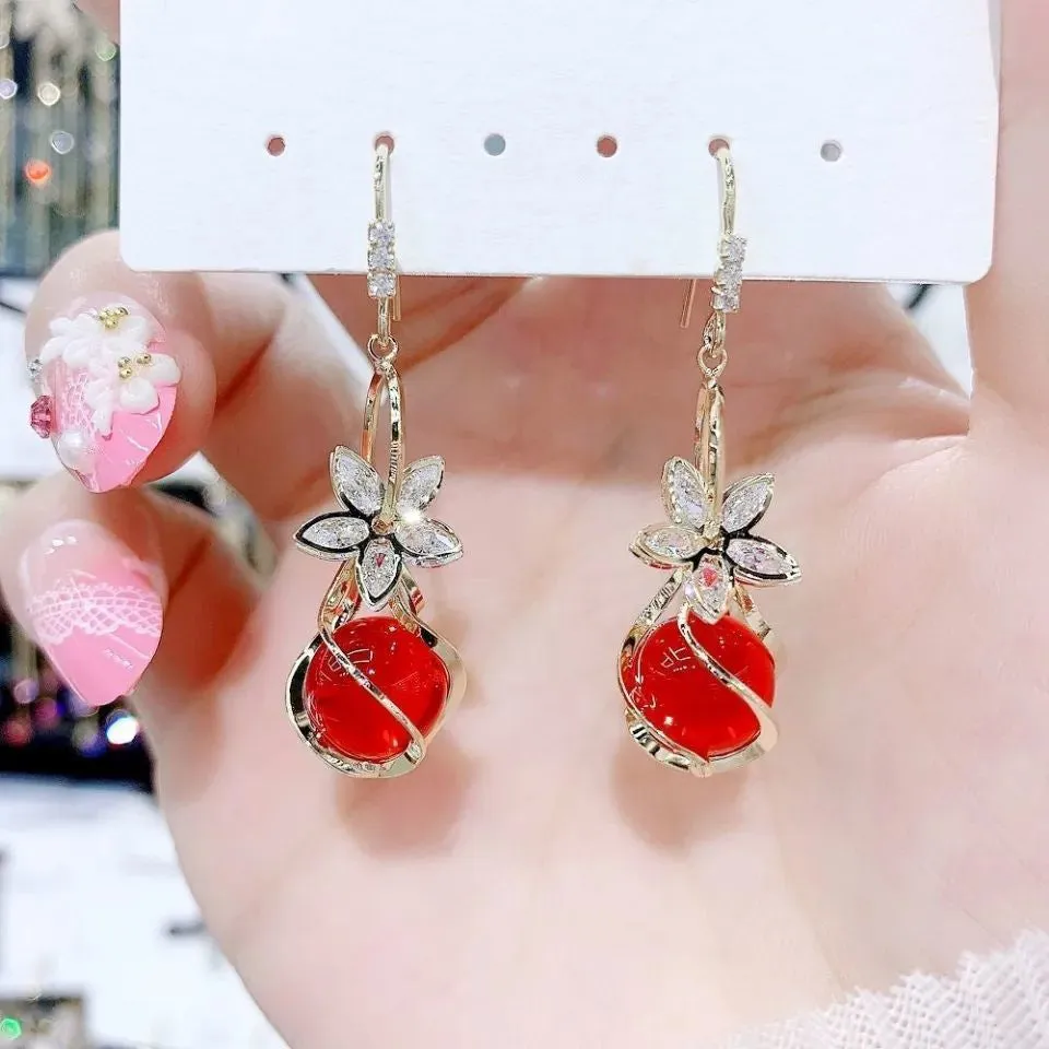 Wholesale Zircon Five Petal Flower Cat Eye Stone Personalized Fashion Temperament Earrings