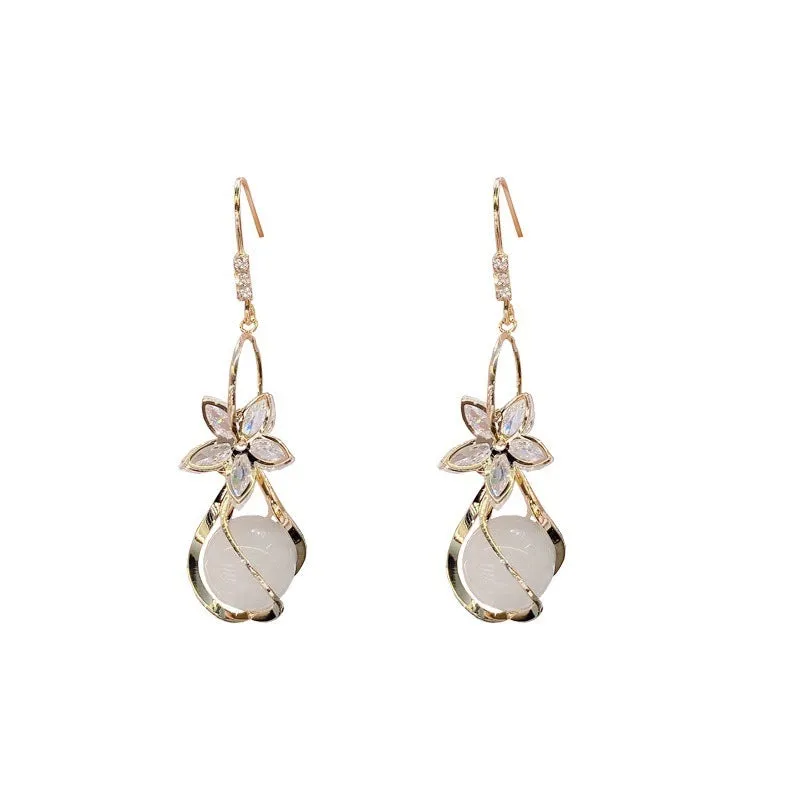 Wholesale Zircon Five Petal Flower Cat Eye Stone Personalized Fashion Temperament Earrings