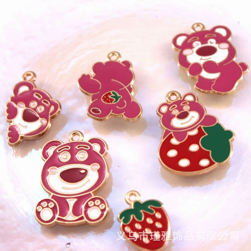 Wholesale 10pcs Cartoon Bear Strawberry DIY Handmade Alloy Oil Drop Pendant Pendant