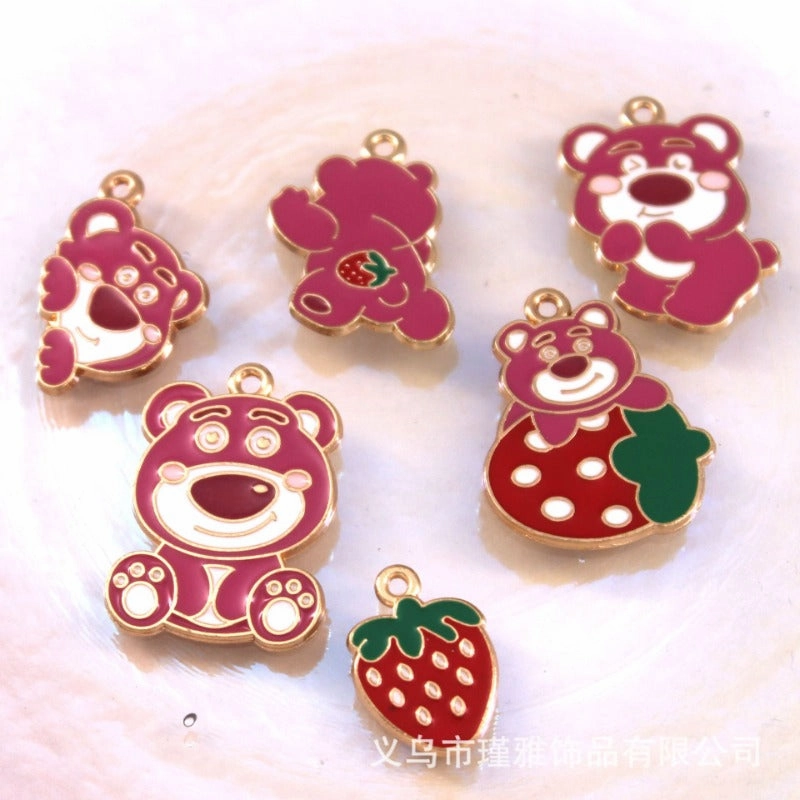 Wholesale 10pcs Cartoon Bear Strawberry DIY Handmade Alloy Oil Drop Pendant Pendant