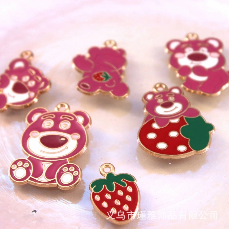 Wholesale 10pcs Cartoon Bear Strawberry DIY Handmade Alloy Oil Drop Pendant Pendant