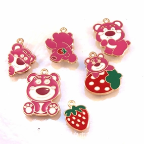 Wholesale 10pcs Cartoon Bear Strawberry DIY Handmade Alloy Oil Drop Pendant Pendant
