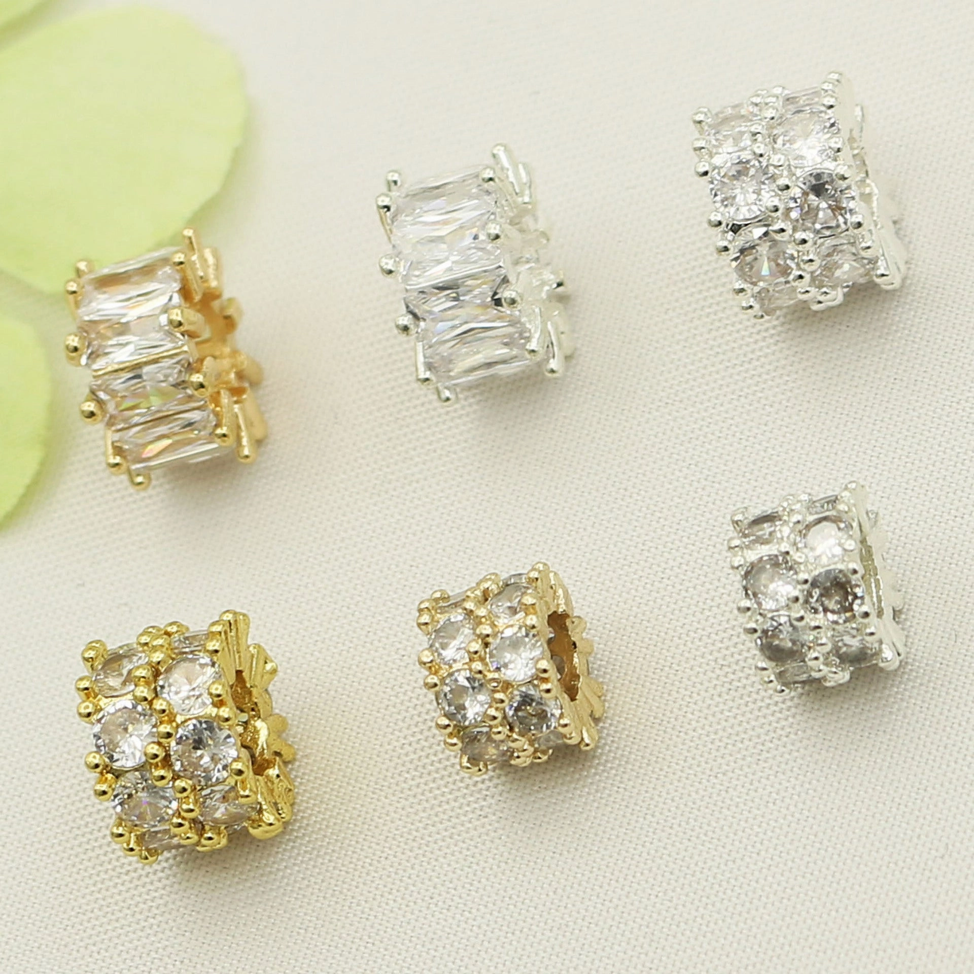 Wholesale 10pcs Copper plated 18K gold color inlaid zircon double gold bully spacer barrel beaded bracelet accessories