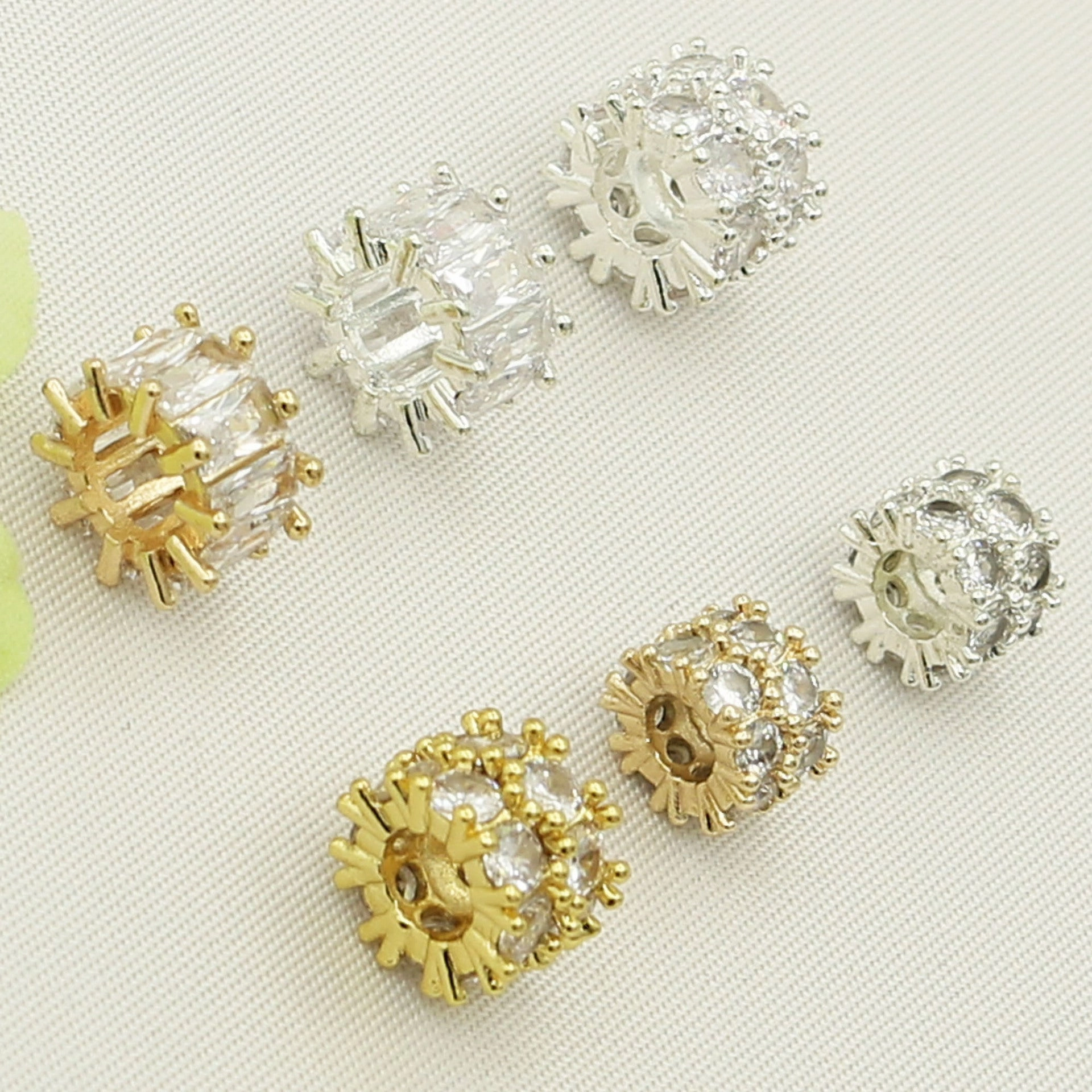 Wholesale 10pcs Copper plated 18K gold color inlaid zircon double gold bully spacer barrel beaded bracelet accessories