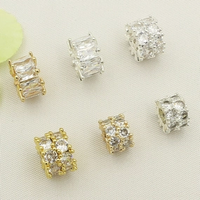 Wholesale 10pcs Copper plated 18K gold color inlaid zircon double gold bully spacer barrel beaded bracelet accessories