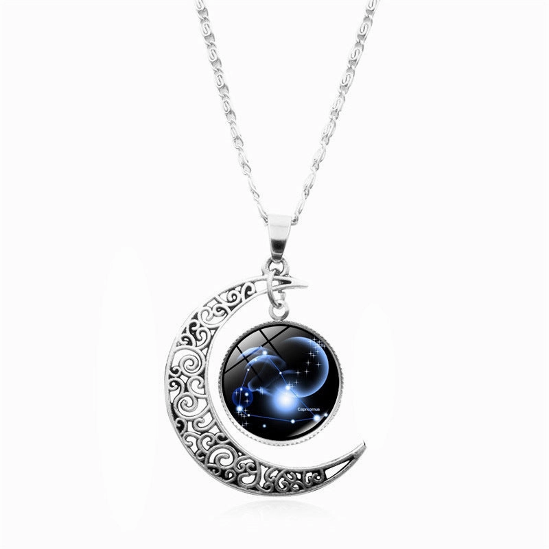 Wholesale 12 Constellations Crescent Time Gem Moon Necklaces