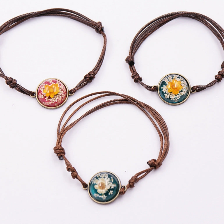 Wholesale 12PCS Resin Dried Flower Handwoven Bracelet