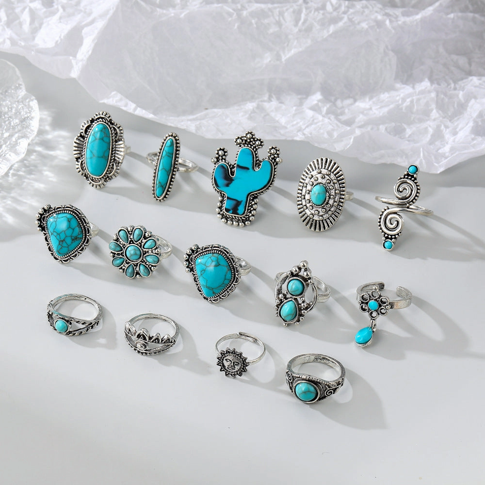 Wholesale 14pcs Vintage Bohemian Style Turquoise Cactus Carved Ring