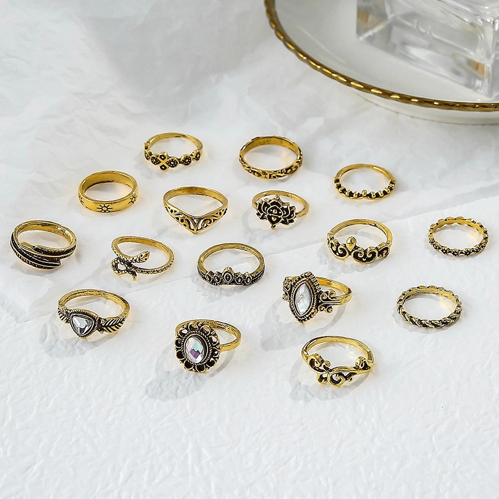 Wholesale 16pcs Retro Exaggerated Hollow Carved Snake Feather Gemstone Ring