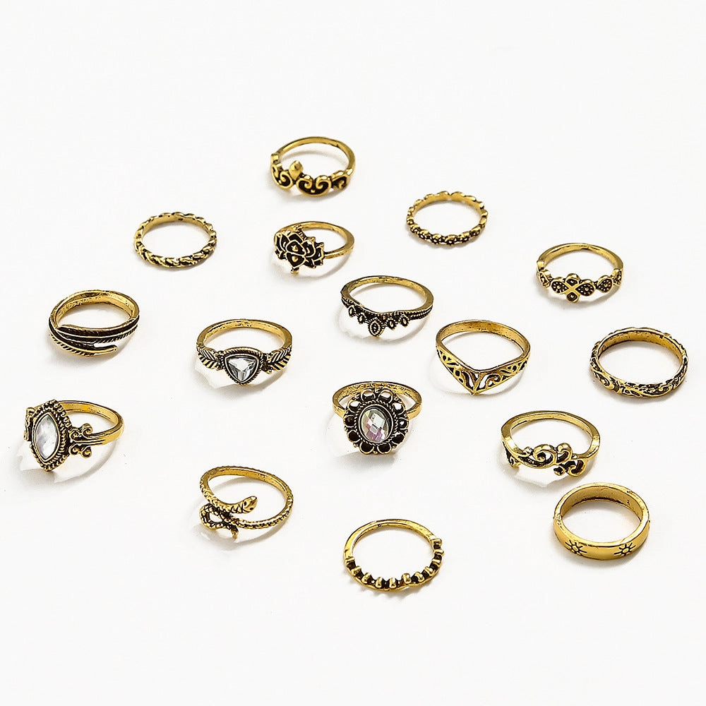 Wholesale 16pcs Retro Exaggerated Hollow Carved Snake Feather Gemstone Ring