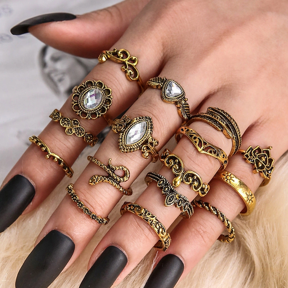 Wholesale 16pcs Retro Exaggerated Hollow Carved Snake Feather Gemstone Ring
