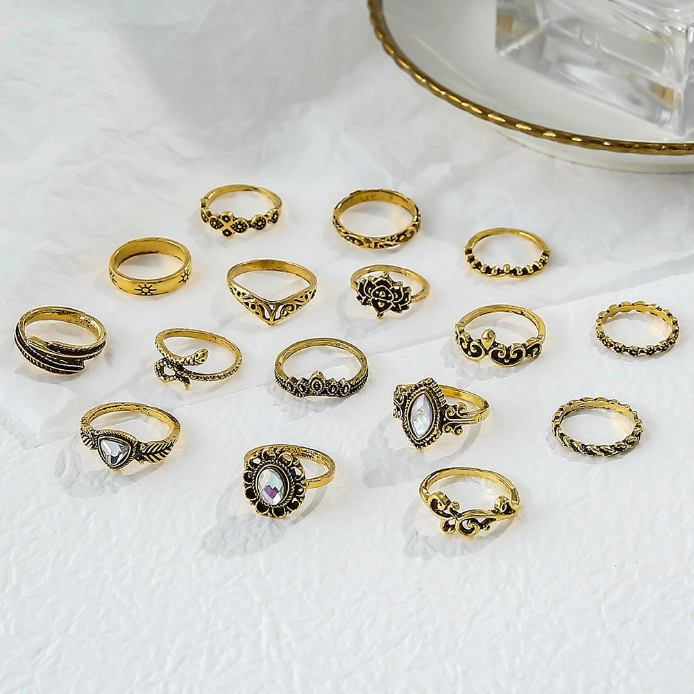 Wholesale 16pcs Retro Exaggerated Hollow Carved Snake Feather Gemstone Ring