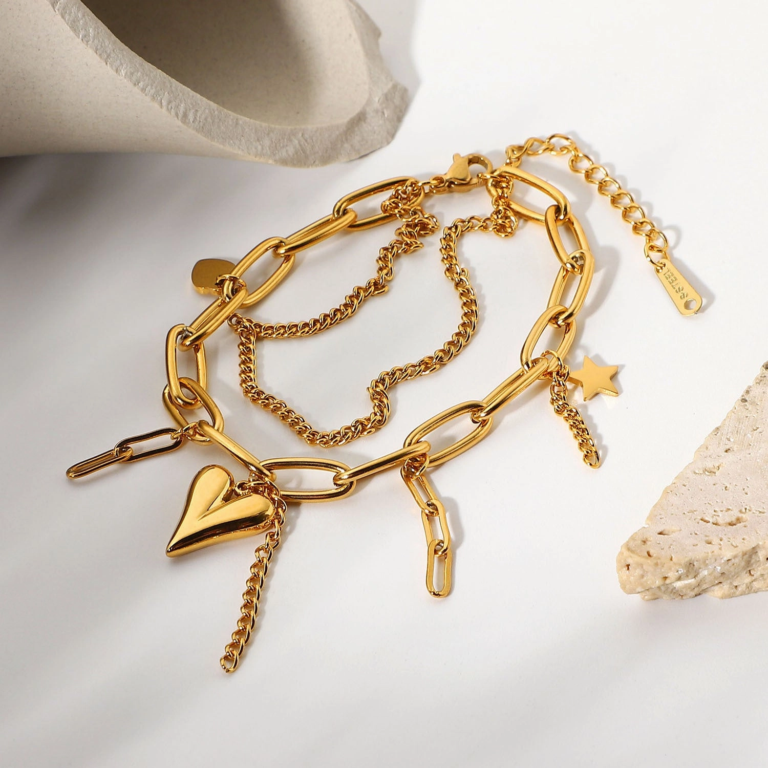 Wholesale 18K Electroplating Stainless Steel Gold Three-dimensional Love Star Pendant Double Layer Bracelet
